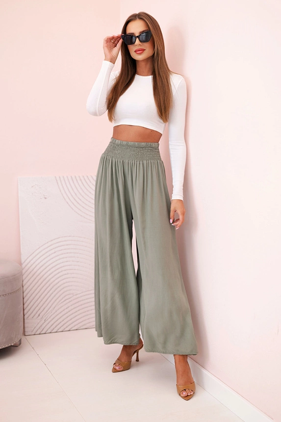 Women's viscose trousers with elastic waistband khaki