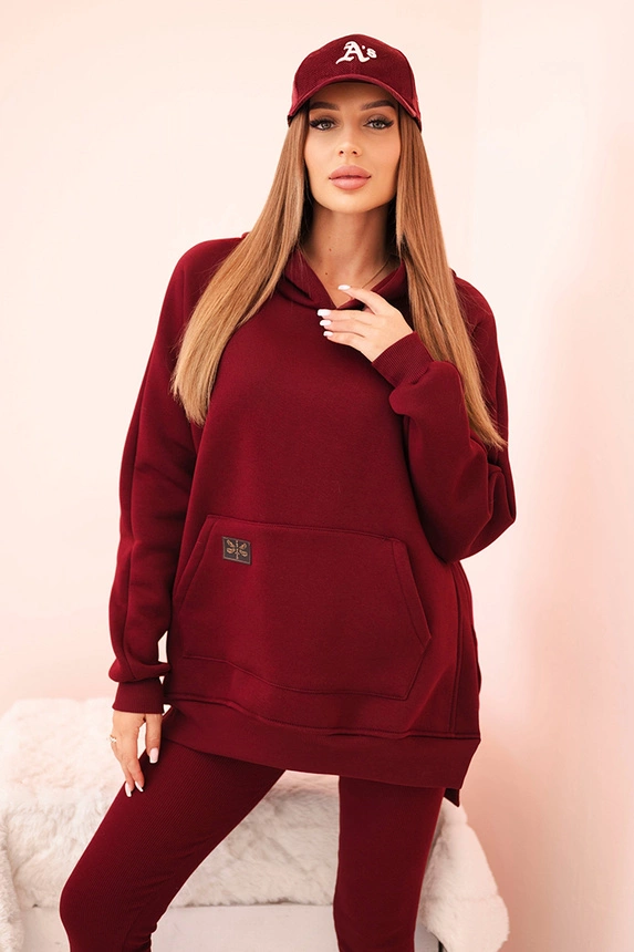Damen Komplettset Baumwolle Hoodie mit Kapuze und Leggings mit hohem Bund bordwein