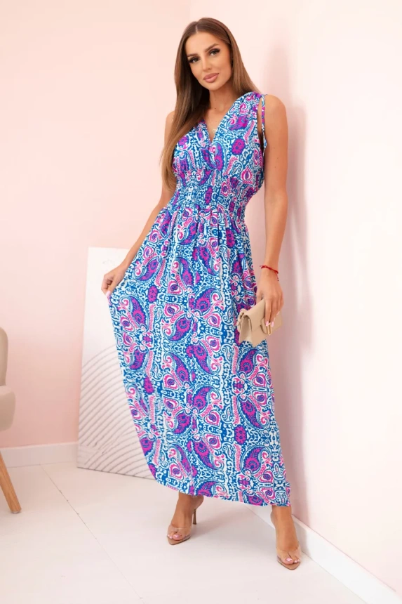 Women's cotton dress with a deep neckline and tied shoulders cornflower blue + fuchsia