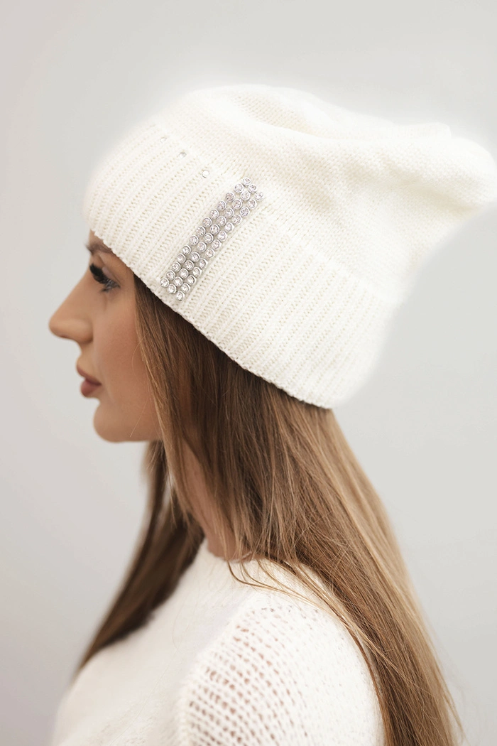 Damen Wintermütze aus Wolle mit Zirkonia K453 ecru