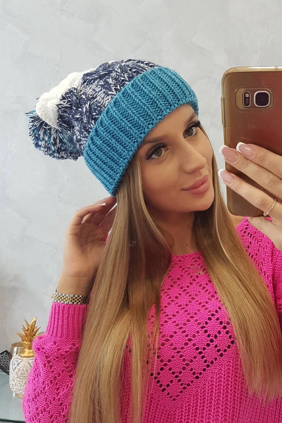 Cap with a pompom Abigail K326 turquoise+navy blue+white