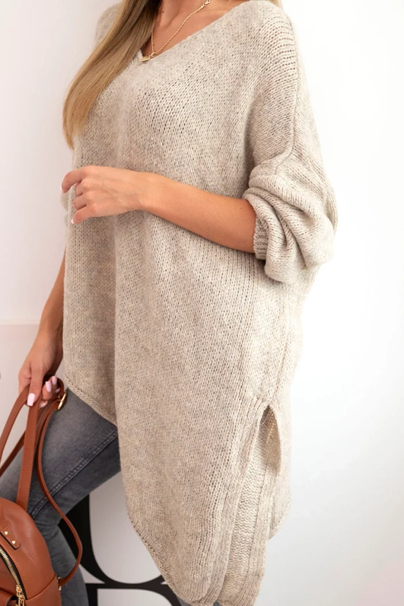Damenpullover aus Wolle asymmetrisch Plus Size mit V-Ausschnitt dunkelbeige