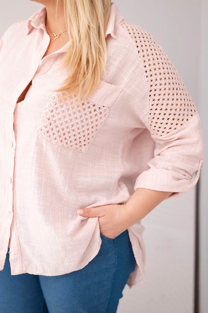 Women's plus-size cotton blouse with collar and lace insert dark dusty pink