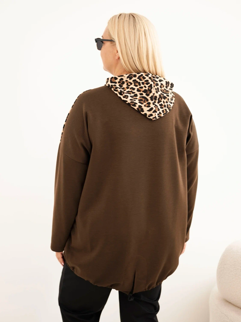 Damen Hoodie Plus Size aus Viskose mit Kapuze und Einsätzen in Leopardenmuster braun