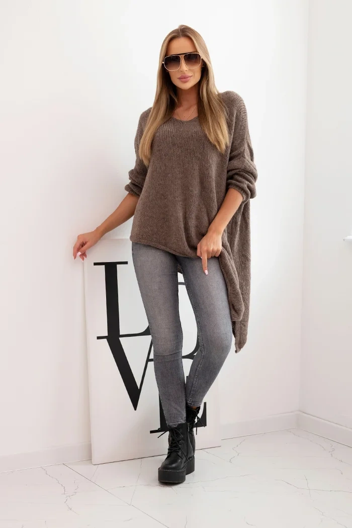 Sweter damski wełniany asymetryczny Plus Size z dekoltem V fango