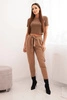 Women's cotton pants with a tie at the waist and tapered leg camel