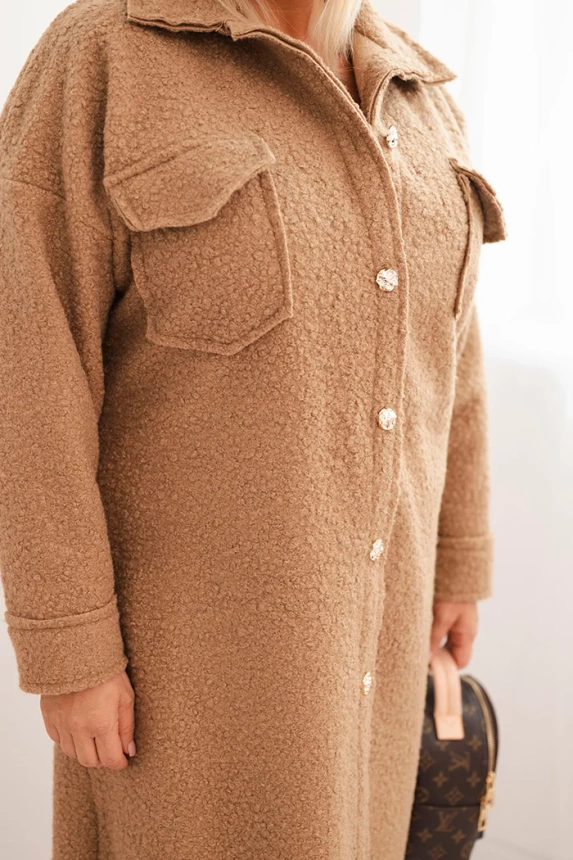 Plus Size women's coat with wool, buttoned, with pockets and collar camel