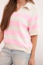 Women's striped sweater with a collar and short sleeves beige
