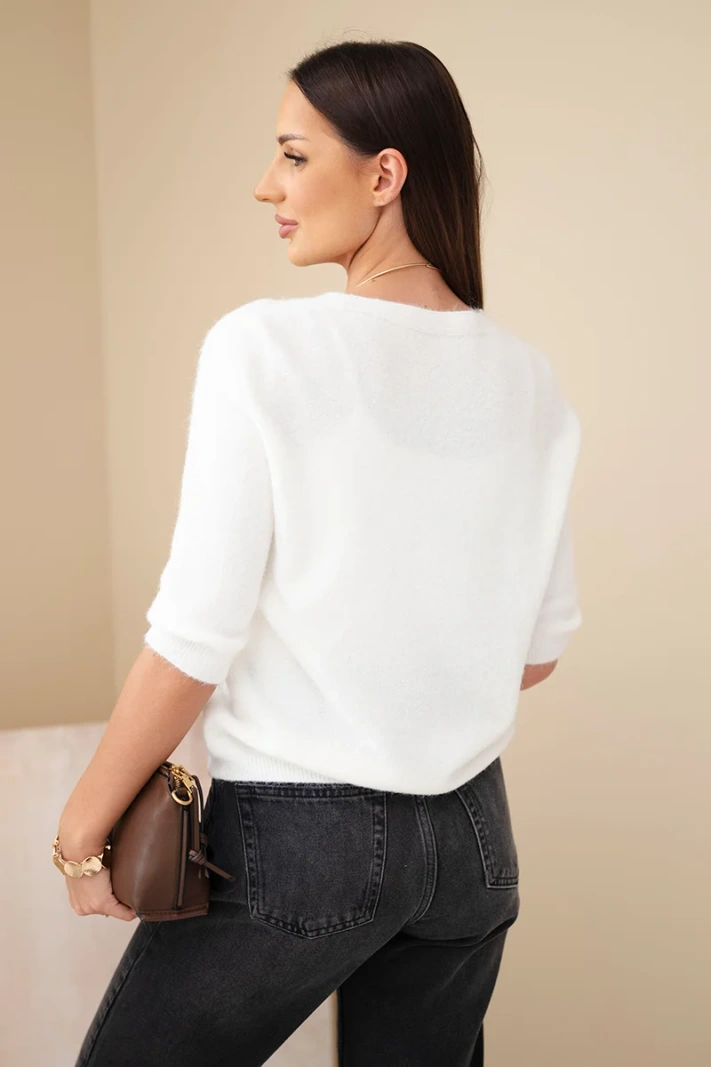 Women's sweater with V-neck and 3/4 sleeve ecru