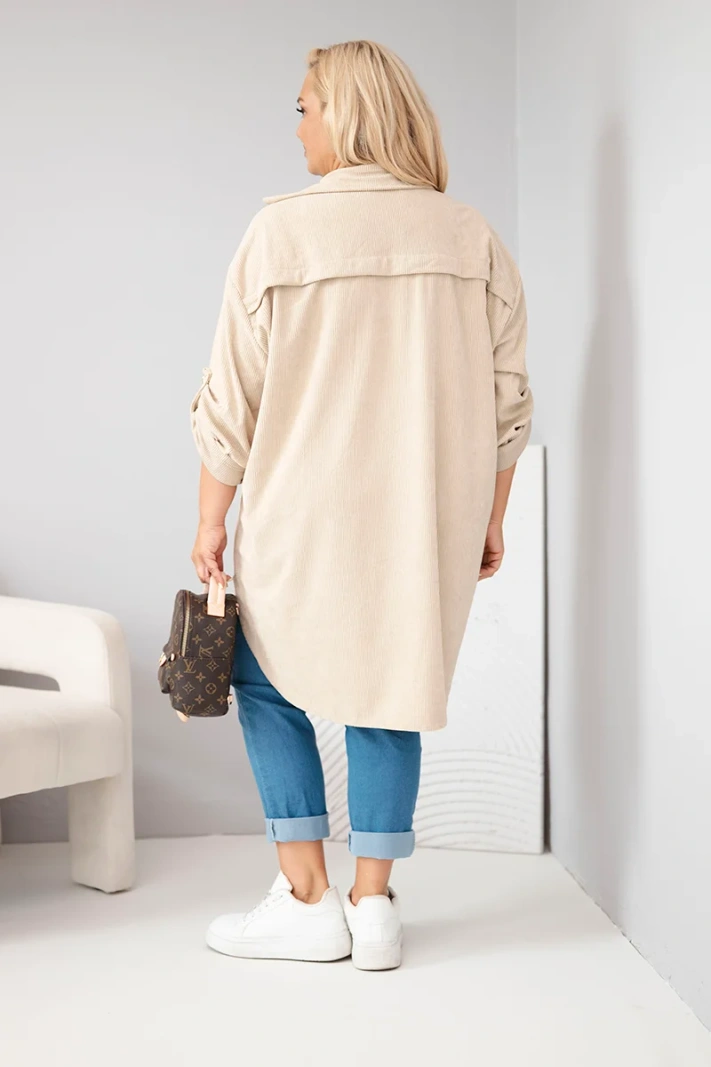 Dámska košeľa Plus Size z viskózy manšestrová s odopínateľnými rukávmi béžová