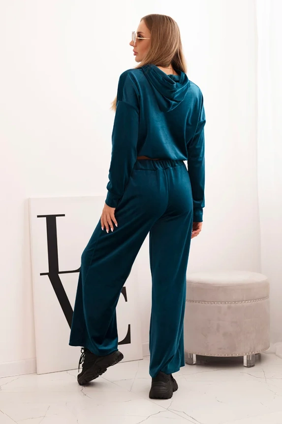 Women's velour tracksuit with wide legs and a hooded sweatshirt teal
