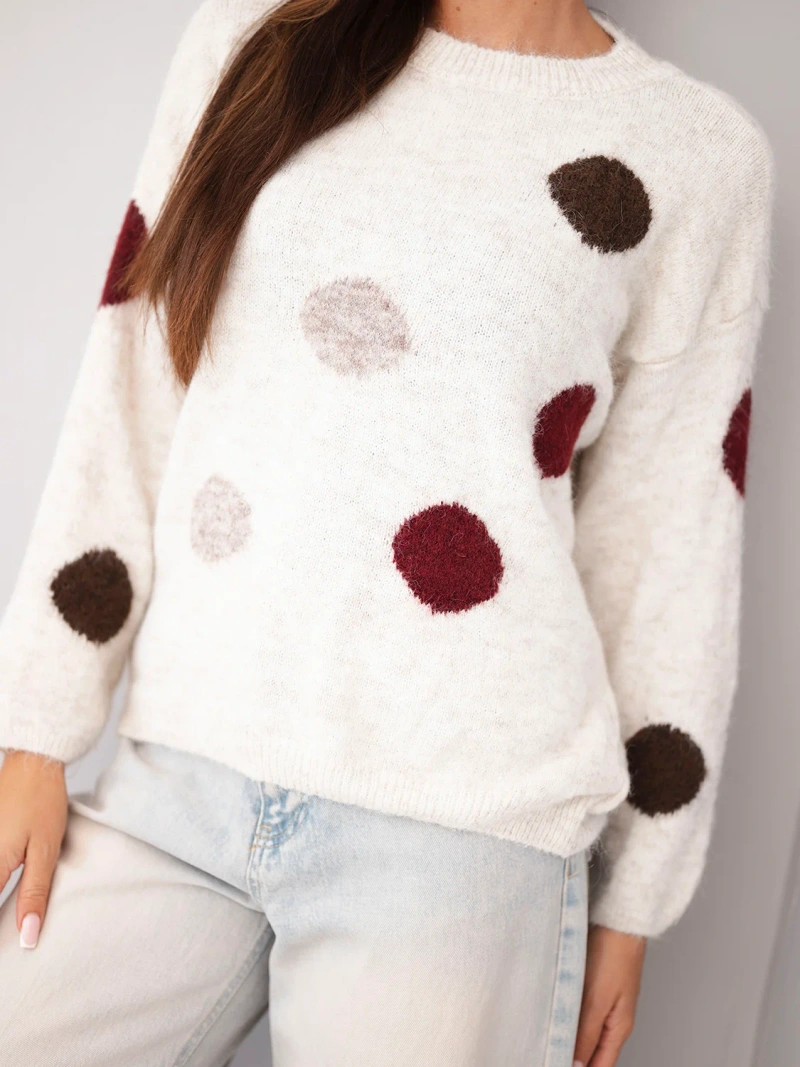 Women's sweater with colorful polka dots and a round neckline beige light