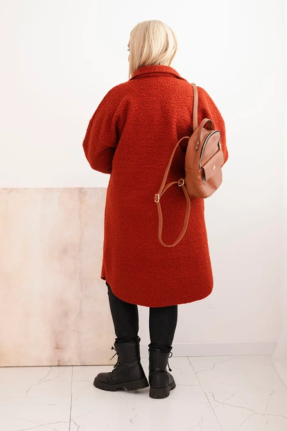 Dámský kabát Plus Size s vlnou na knoflíky s kapsami a límcem rudy
