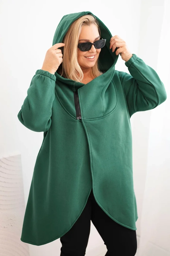 Women's Plus Size insulated hoodie with an asymmetrical zipper dark green