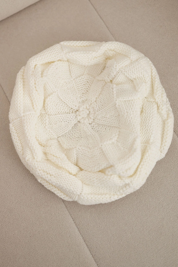 Women's winter wool hat with decorative pattern and studs K397 ecru