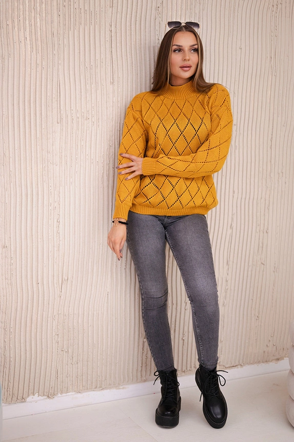 Pullover mit halbem Rollkragen und Rautenmuster Senf
