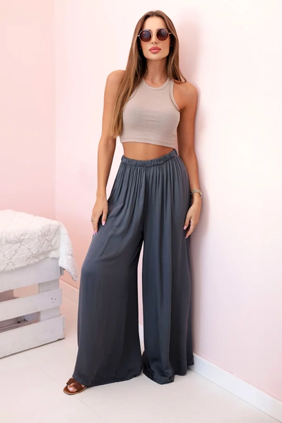 Women's wide viscose trousers with an elastic waistband graphite