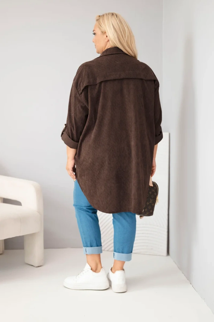 Damenbluse Plus Size aus Viskose Cord mit hochknöpfbaren Ärmeln braun