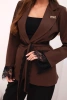 Women's blazer with a belt and lace finish on the sleeves brown