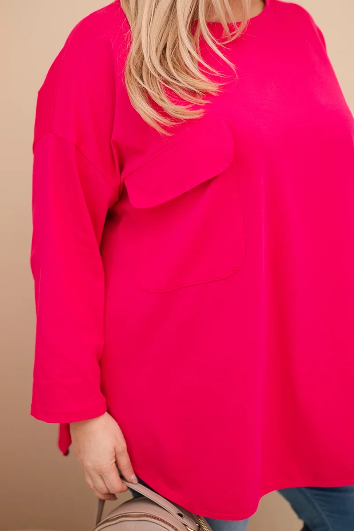Dámska blúzka Plus Size s bavlnou, s vreckom a s podhnutým rukávom fuksia