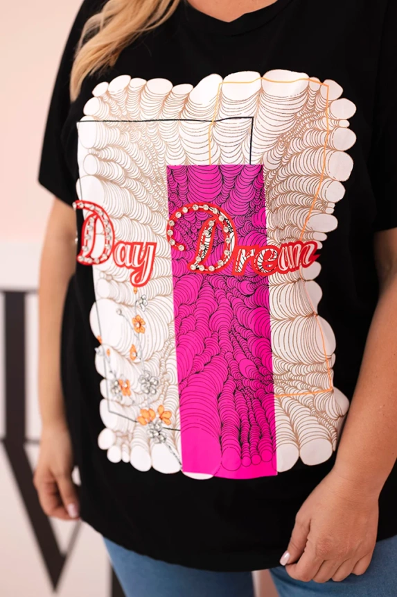 Women's Plus Size Cotton Blouse with “Day Dream” Print black + pink