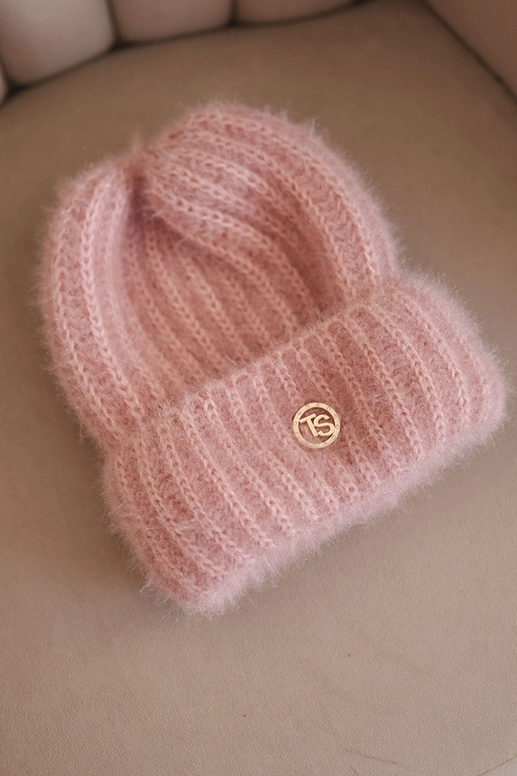 Women's set hat and winter fluffy scarf with decorative emblem black