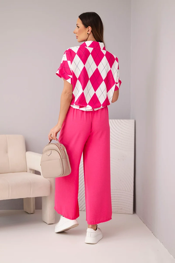 Women's set viscose shirt with tie and pants with elastic fuchsia