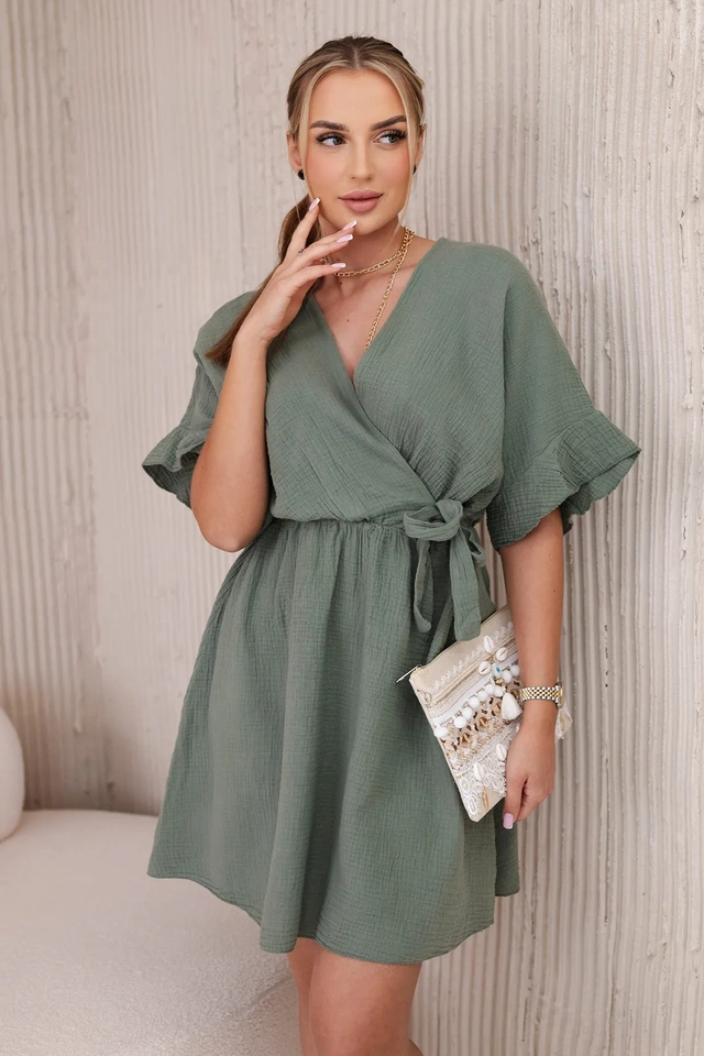 Muslin dress with waist khaki