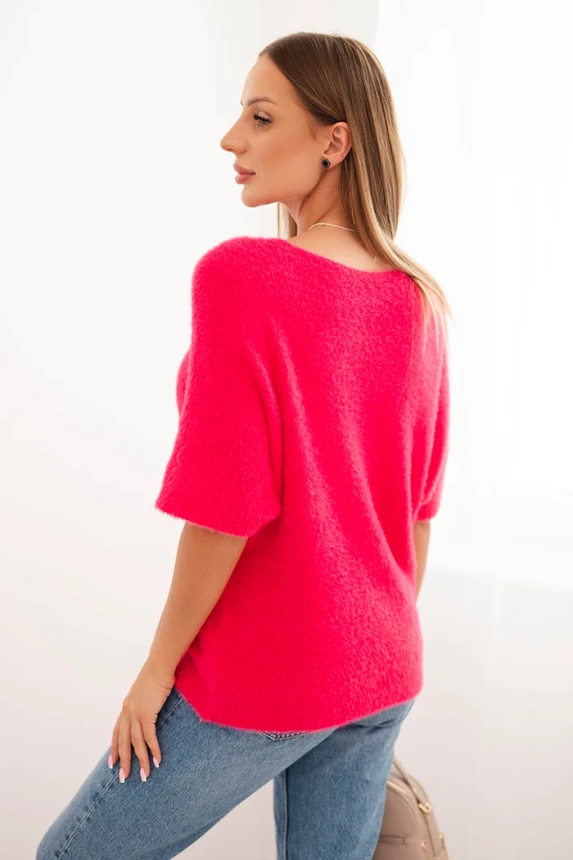 Damenpullover aus weichem Fleece mit V-Ausschnitt und kurzen Ärmeln rosa