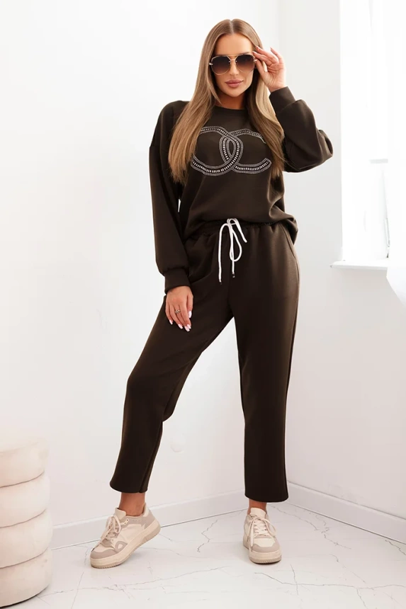 Damen-Set aus Viskose mit dekorativem Muster und Hose braun