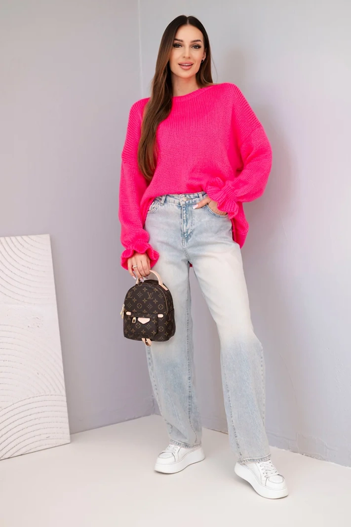 Women's sweater with a blend of mohair and wool in a loose fit neon pink