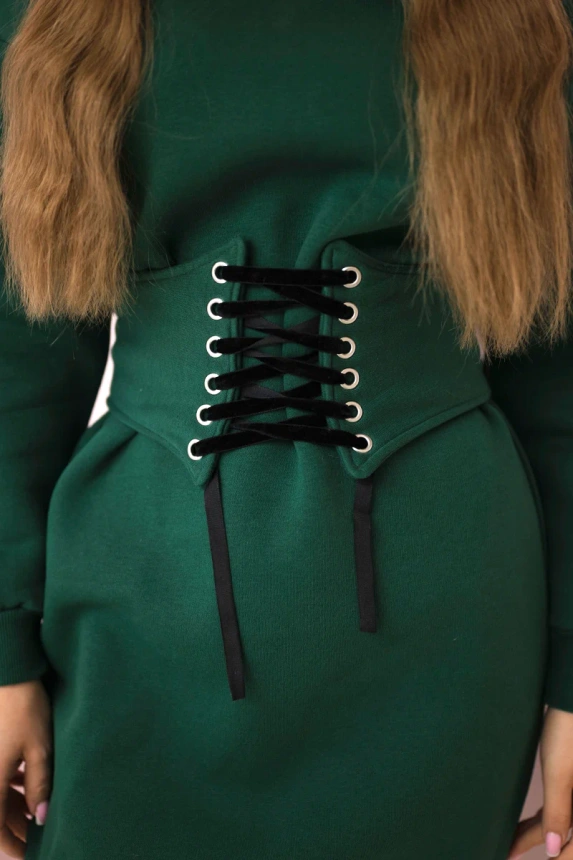 Insulated dress with a decorative belt dark green