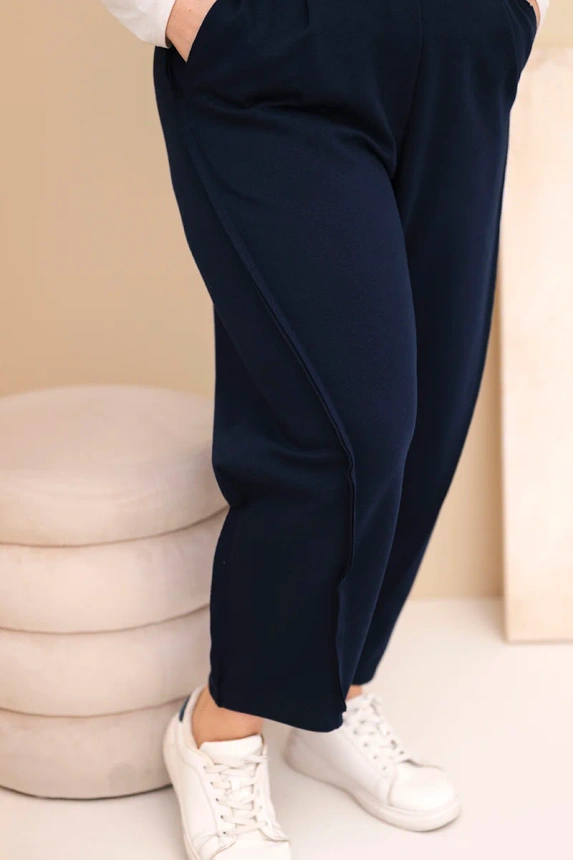 Dámske bavlnené nohavice Plus Size vo voľnom strihu s vysokým pásom modré