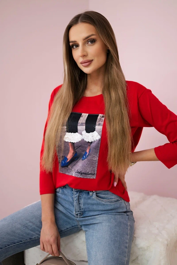 Blouse with graphics 3D with zircons red