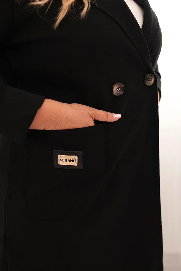 Dámsky elegantný kabát Plus Size s golierom a veľkými vreckami čierny