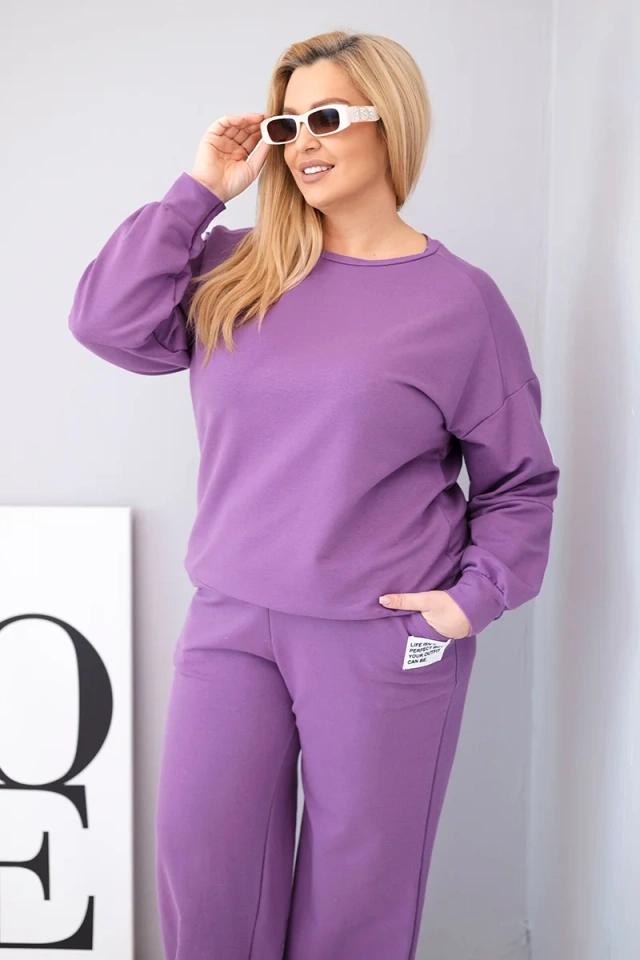 Women's Plus Size cotton set with a loose sweatshirt and wide-leg pants purple