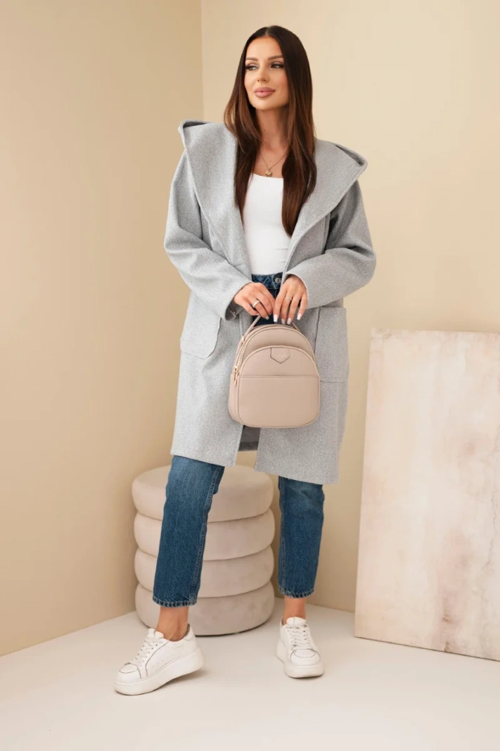 Women's coat with hood and large pockets gray melange