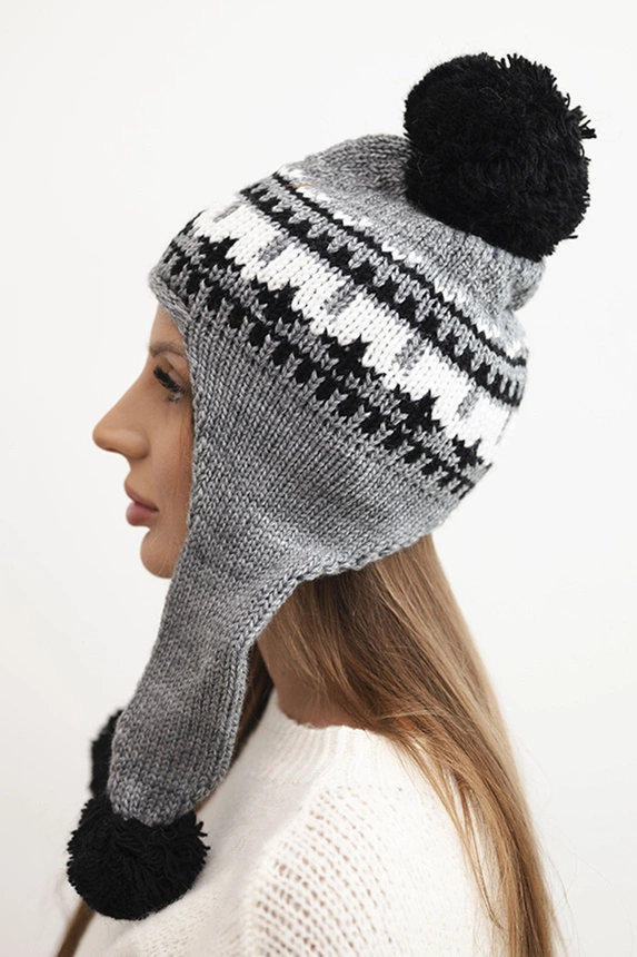 Women's winter wool hat with ear flaps and pom-poms K436 dark gray