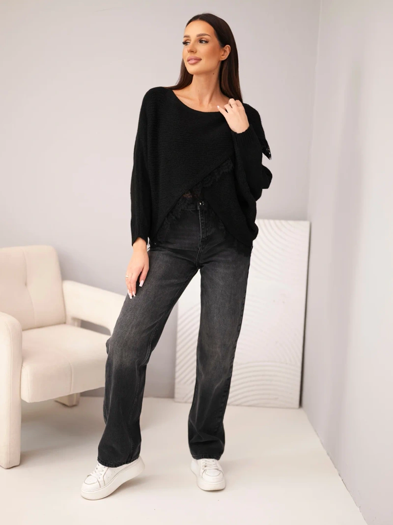 Damenpullover asymmetrisch mit Spitzeneinsatz schwarz