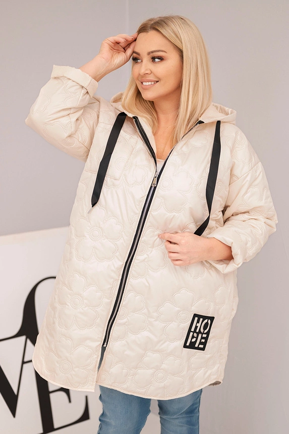 Damenjacke Plus Size gesteppte mit Kapuze und dem Aufdruck HOPE hellbeige
