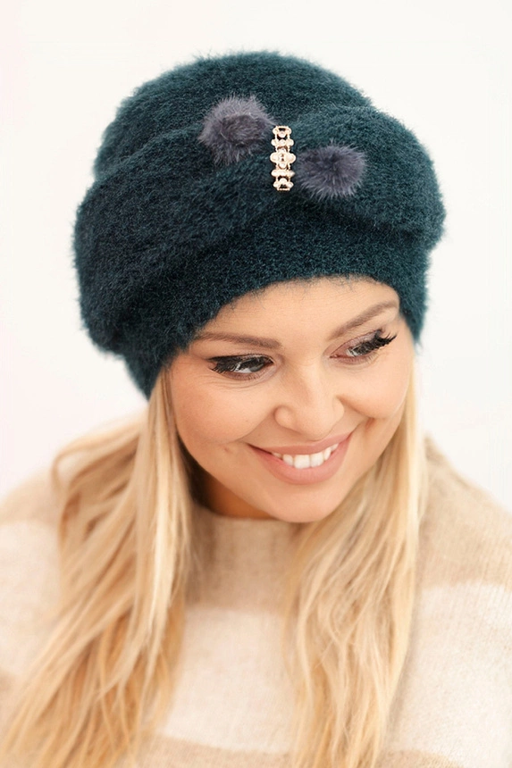 Women's winter fluffy hat with decoration and fur teal