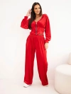 Women's velour set made of viscose with a short sweatshirt and wide pants red