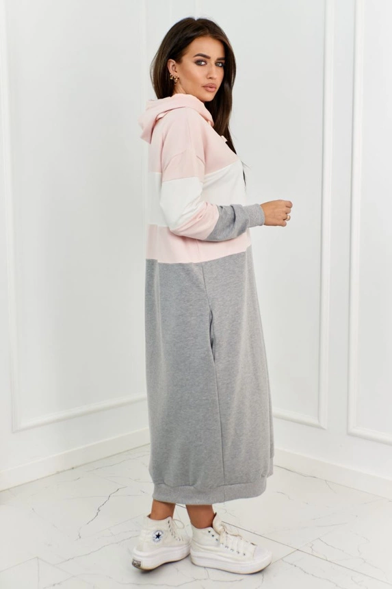 Tricolor dress with hood powder pink + ecru + grey