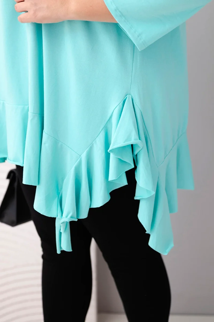 Women's Plus Size blouse with cotton, ruffle, and rolled-up sleeve mint green