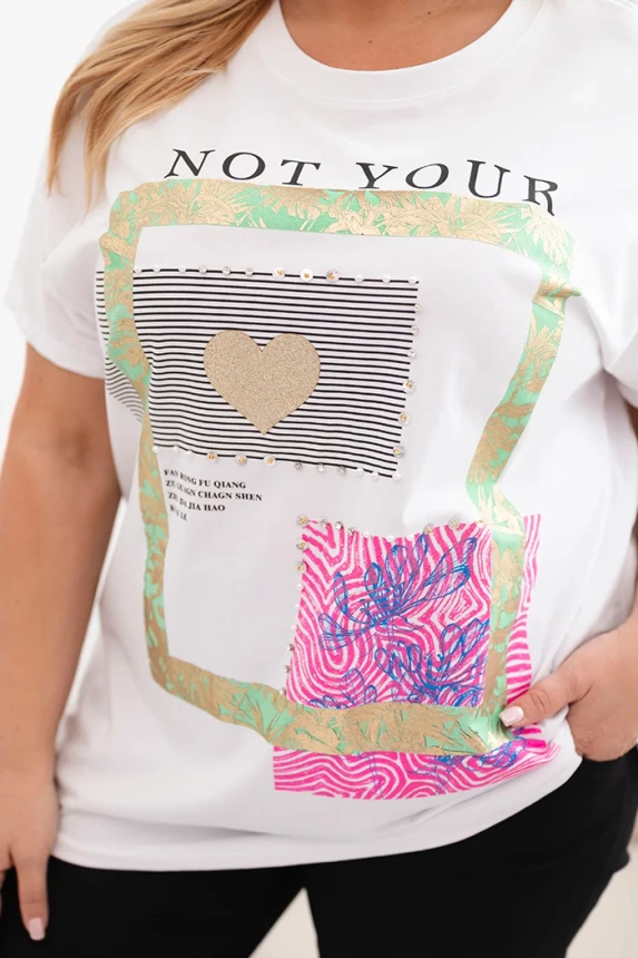 Damen Baumwollbluse in Plusgröße mit goldenem Aufdruck weiß + grün