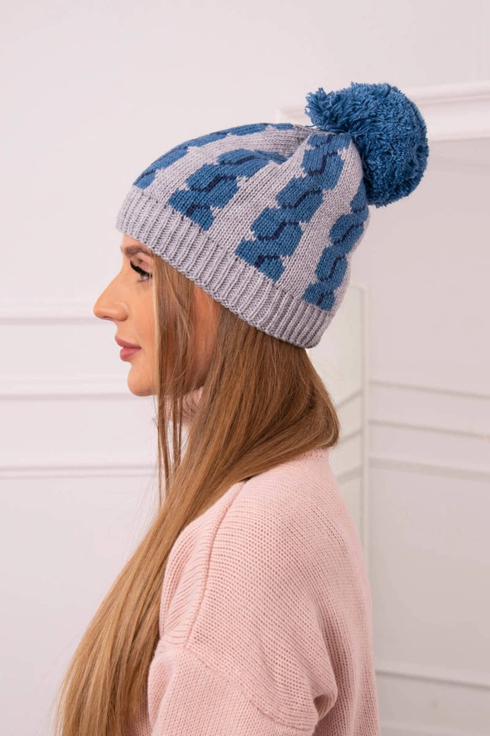 Dámská čepice s bambulí Rozalia K323 denim+grey