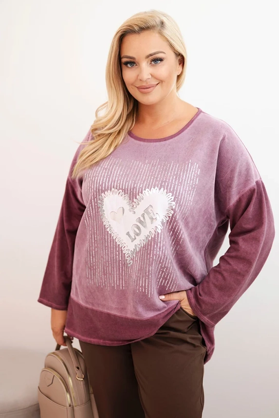 Dámska mikina Plus Size bavlnená s potlačou srdca a šnúrkami tmavo ružová
