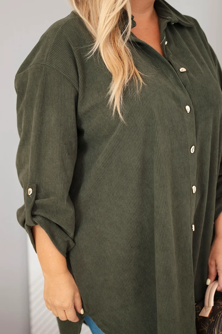 Damenshirt Plus Size aus Viskose cord mit aufknöpfbaren Ärmeln khaki