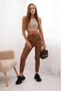 Women's faux leather pants with pockets and a tie at the waist brown
