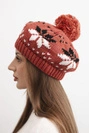 Damenwintermütze aus Wolle mit Schneeflockenmuster und Pompom K457 rot